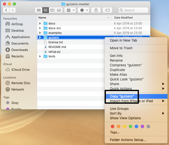 Copy the guizero folder in macos